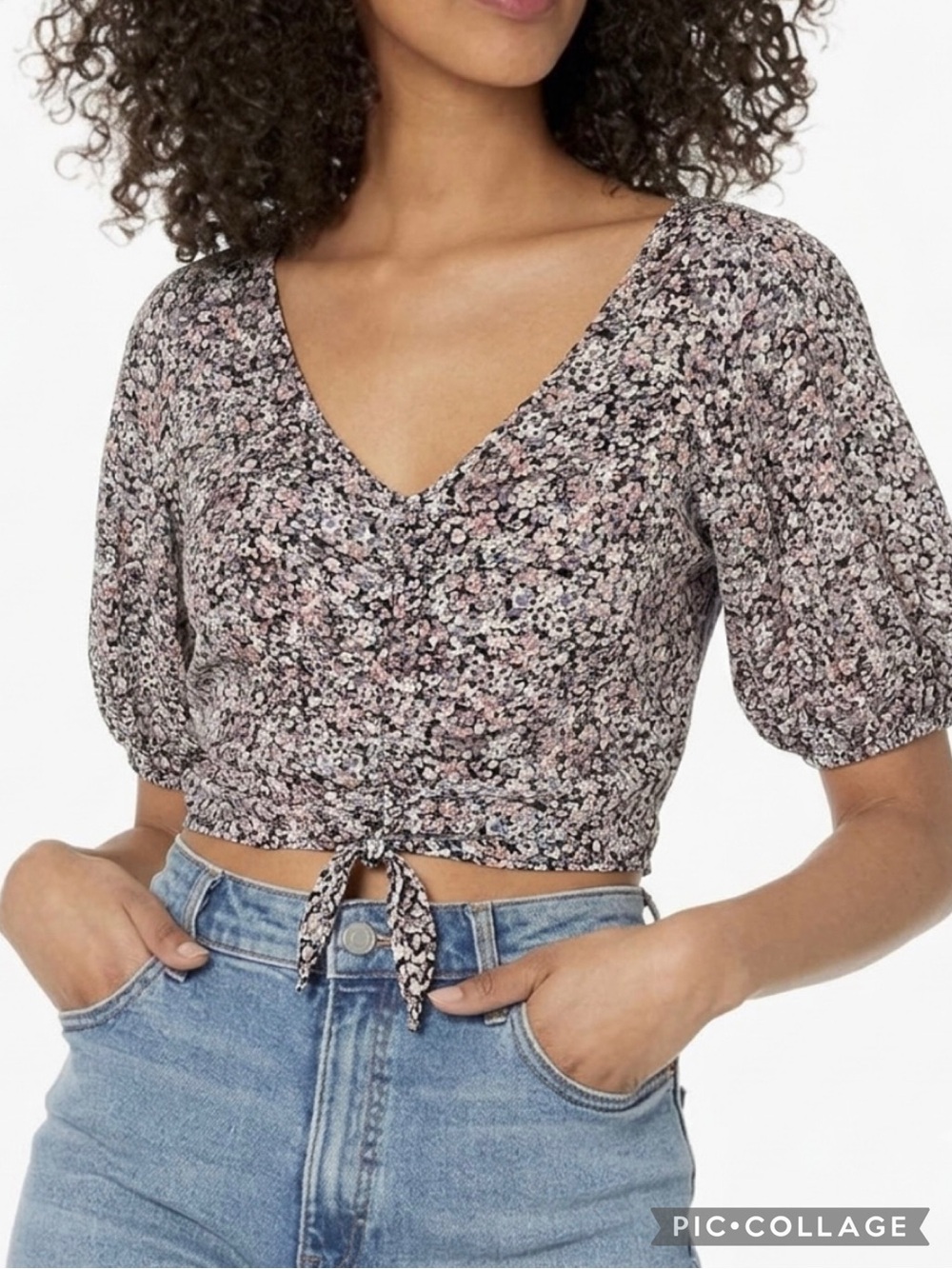 Lush Lavendar Black Multi Ditsy Floral Smocked Balloon Sleeve Crop Top M (6/8)